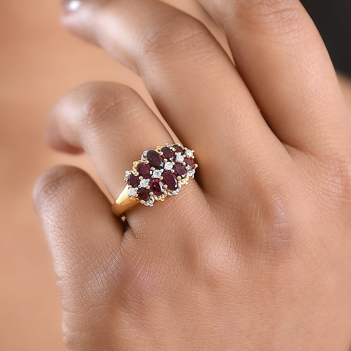 D'Joy Premium Anthill Garnet and Moissanite 2.20 ctw Heritage Bloom Ring in 18K Vermeil YG and Rhodium Over Sterling Silver (Size 10.0) image number 2