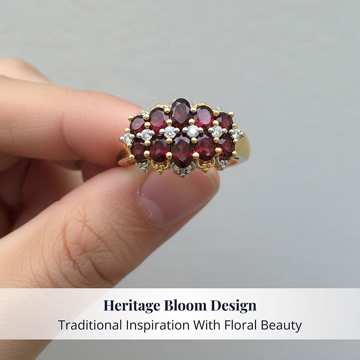 D'Joy Premium Anthill Garnet and Moissanite 2.20 ctw Heritage Bloom Ring in 18K Vermeil YG and Rhodium Over Sterling Silver (Size 5.0) image number 4