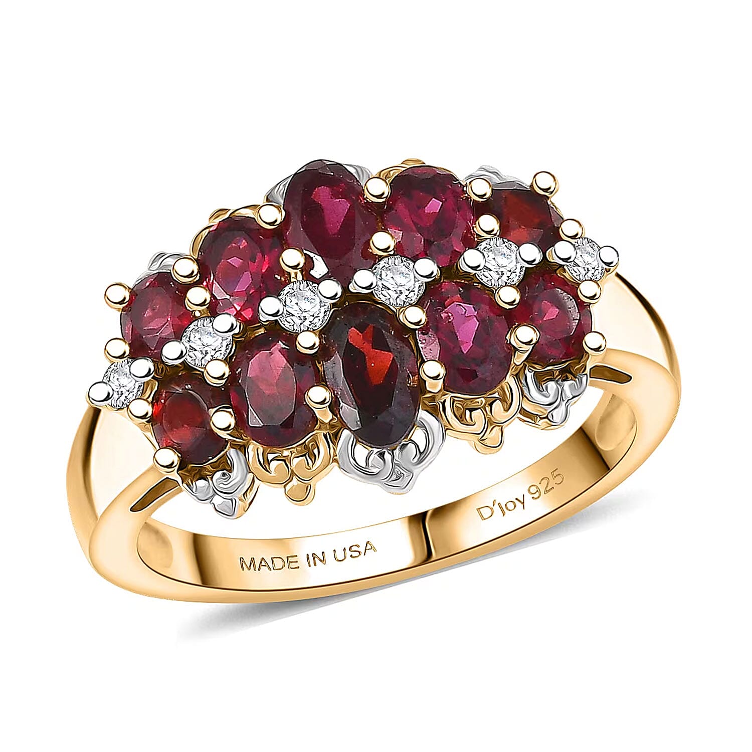 D'Joy Premium Anthill Garnet, Moissanite Ring in 18K Vermeil YG and Rhodium Over Sterling Silver (Size 10.0) 2.20 ctw