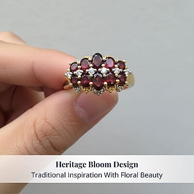 D'Joy Premium Anthill Garnet and Moissanite 2.20 ctw Heritage Bloom Ring in 18K Vermeil YG and Rhodium Over Sterling Silver (Size 8.0)
