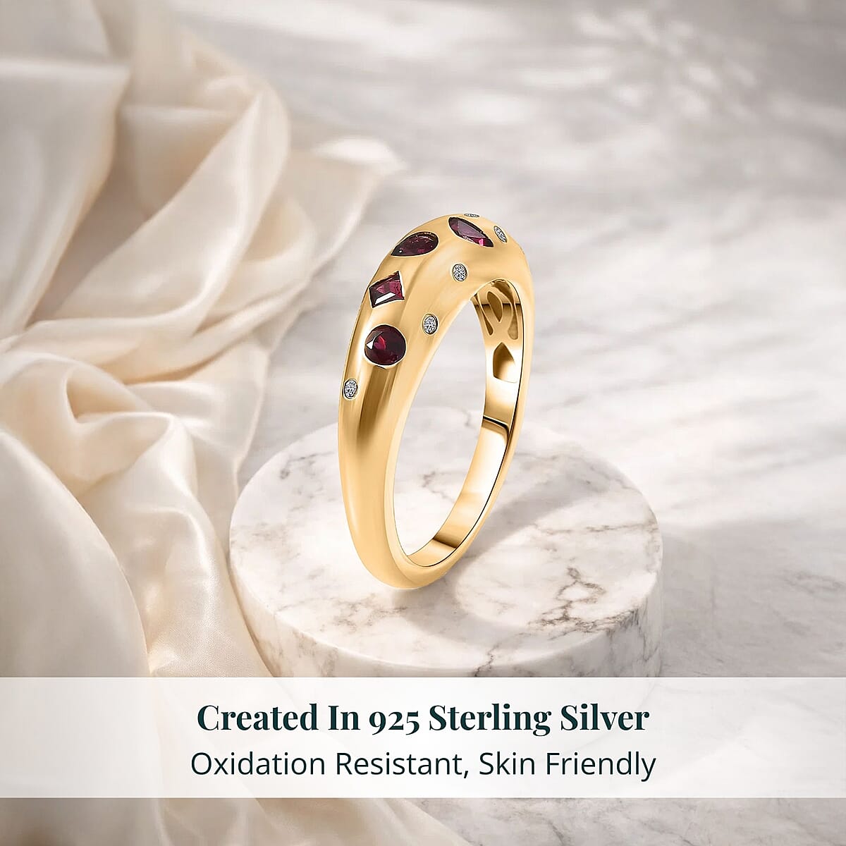 Premium Anthill Garnet and Luxuriant Lab Grown Diamond G-H SI 0.65 ctw Mosaic Ring in 18K Vermeil Yellow Gold Over Sterling Silver (Size 5.0) image number 2