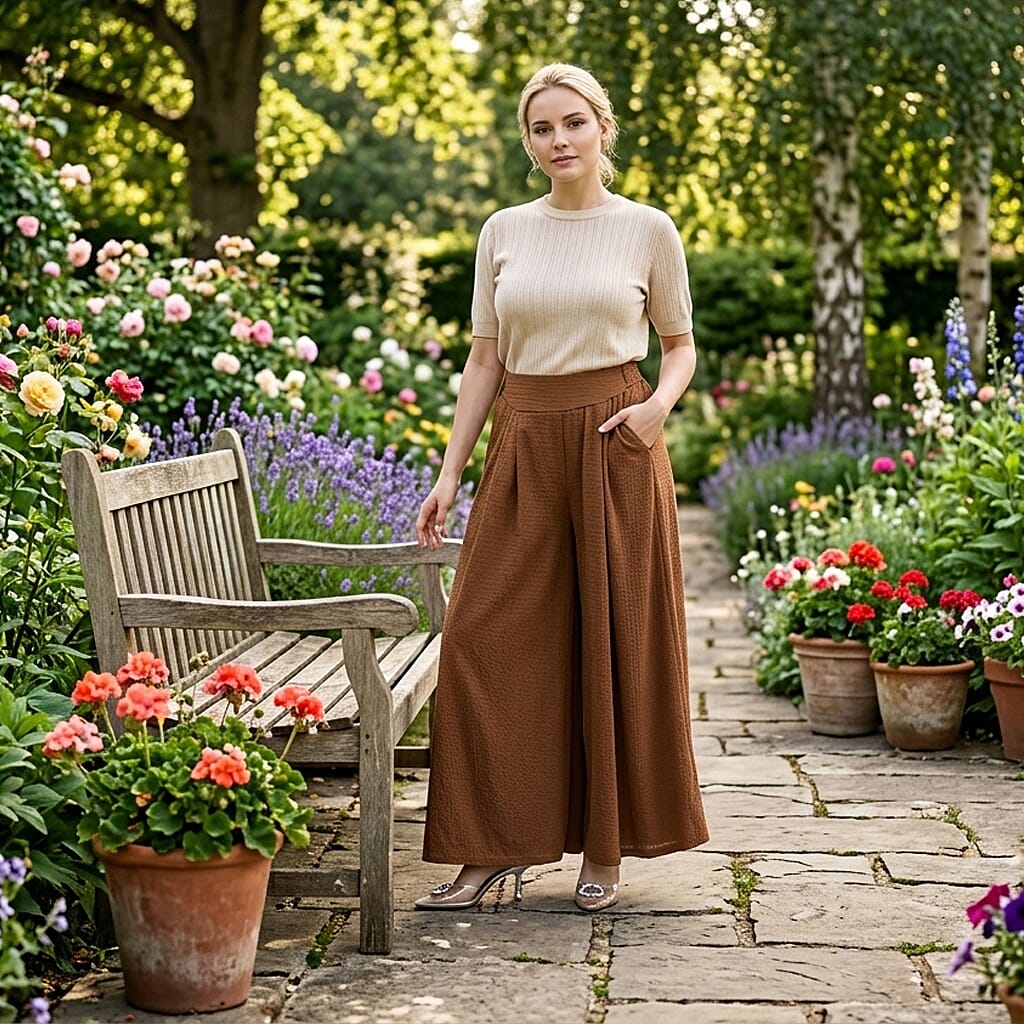Magic La Marey Caramel Wide Leg Pleated Magic Pant Front Knit Trouser