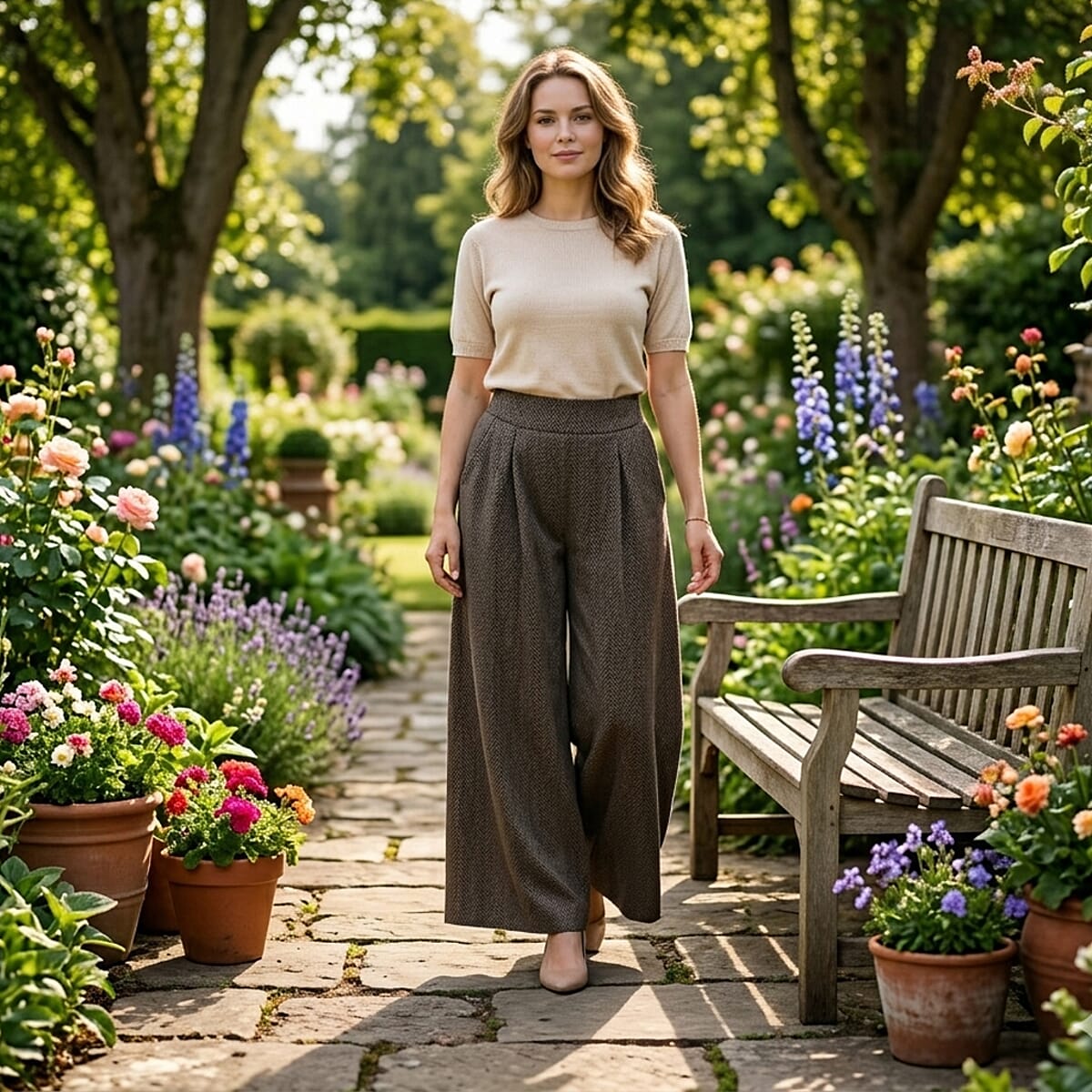  La Marey Brown Wide Leg Pleated Magic Pant Front Knit Trouser image number 1