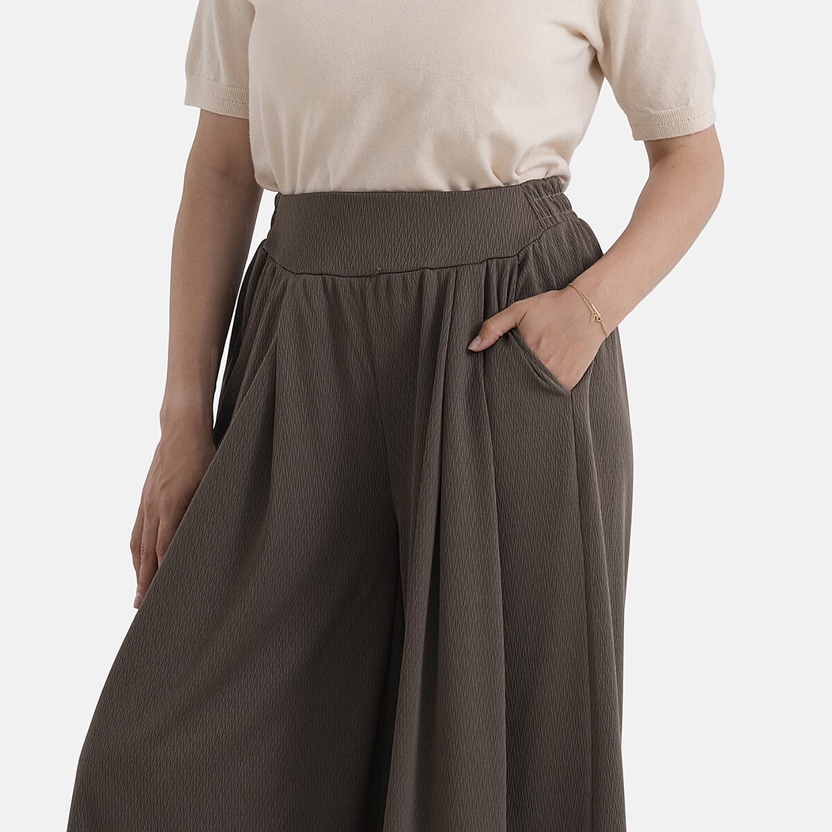  La Marey Brown Wide Leg Pleated Magic Pant Front Knit Trouser image number 4