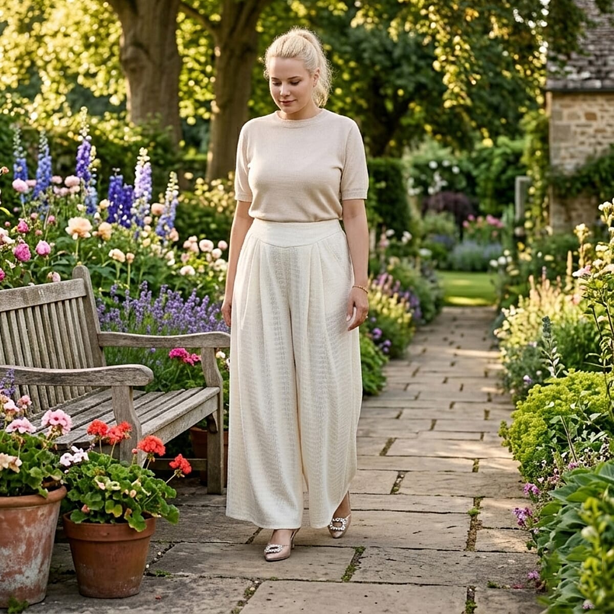  La Marey White Wide Leg Pleated Magic Pant Front Knit Trouser image number 1