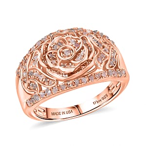 D'Joy Round Cut Natural Pink Diamond 0.50 ctw Eternal Bloom Statement Ring in 18K Vermeil Rose Gold Over Sterling Silver (Size 10.0)