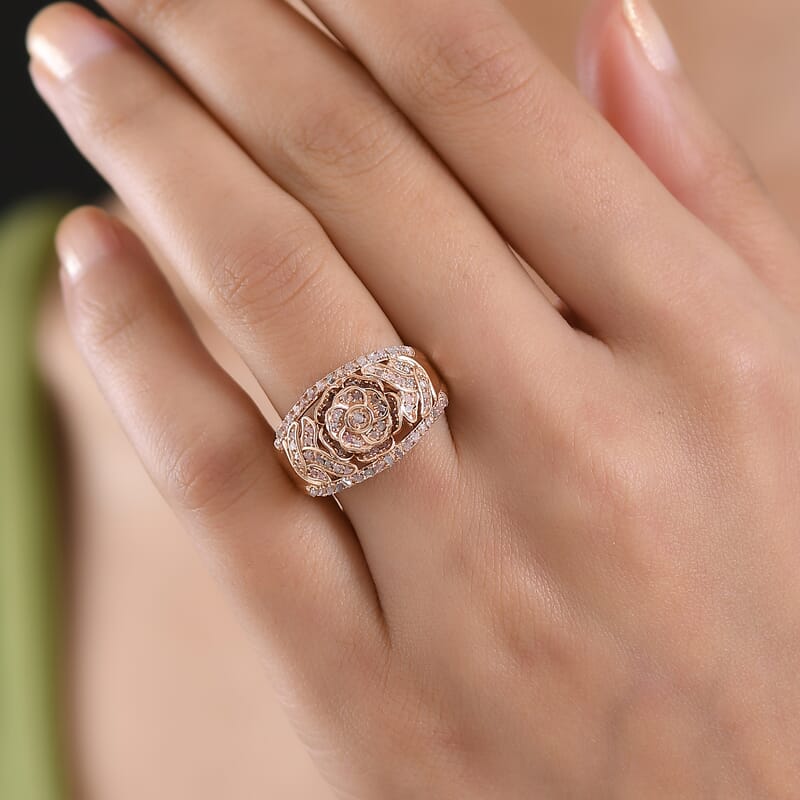 D'Joy Round Cut Natural Pink Diamond 0.50 ctw Eternal Bloom Statement Ring in 18K Vermeil Rose Gold Over Sterling Silver (Size 5.0)