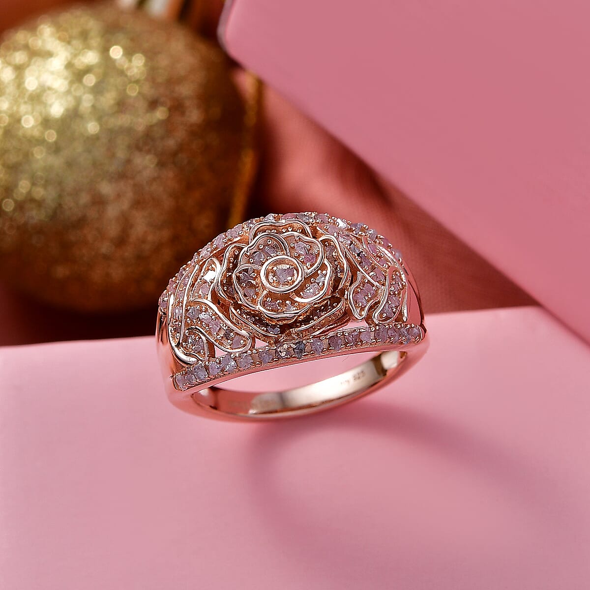 D'Joy Round Cut Natural Pink Diamond 0.50 ctw Eternal Bloom Statement Ring in 18K Vermeil Rose Gold Over Sterling Silver (Size 6.0) image number 1