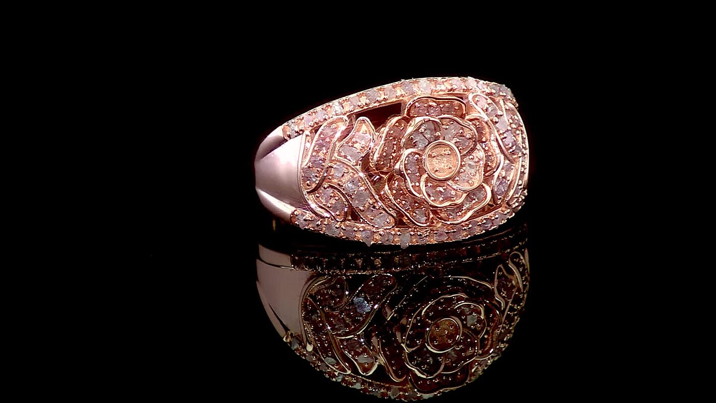 D'Joy Round Cut Natural Pink Diamond Eternal Bloom Statement Ring in 18K Vermeil RG Over Sterling Silver (Size 10.0) (Del. in 7-10 Days) 0.50 ctw