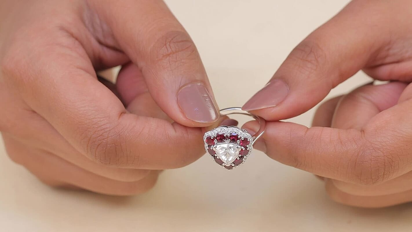 D'Joy Moissanite (Trl 8mm), Anthill Garnet Ring in Rhodium Over Sterling Silver (Size 10.0) 3.80 ctw