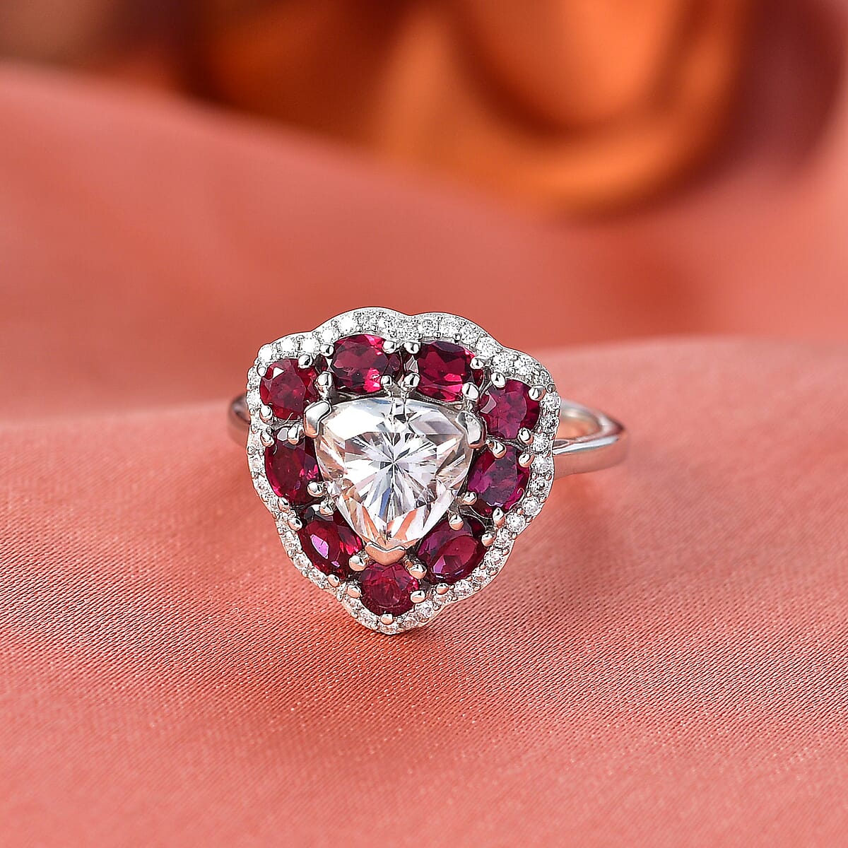 D'Joy Moissanite and Anthill Garnet 3.80 ctw Light & Fire Ring in Rhodium Over Sterling Silver (Size 6.0) (Del. in 5-7 Days)  image number 1