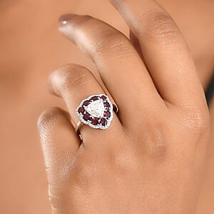 D'Joy Moissanite and Anthill Garnet 3.80 ctw Light & Fire Ring in Rhodium Over Sterling Silver (Size 6.0) (Del. in 5-7 Days) 
