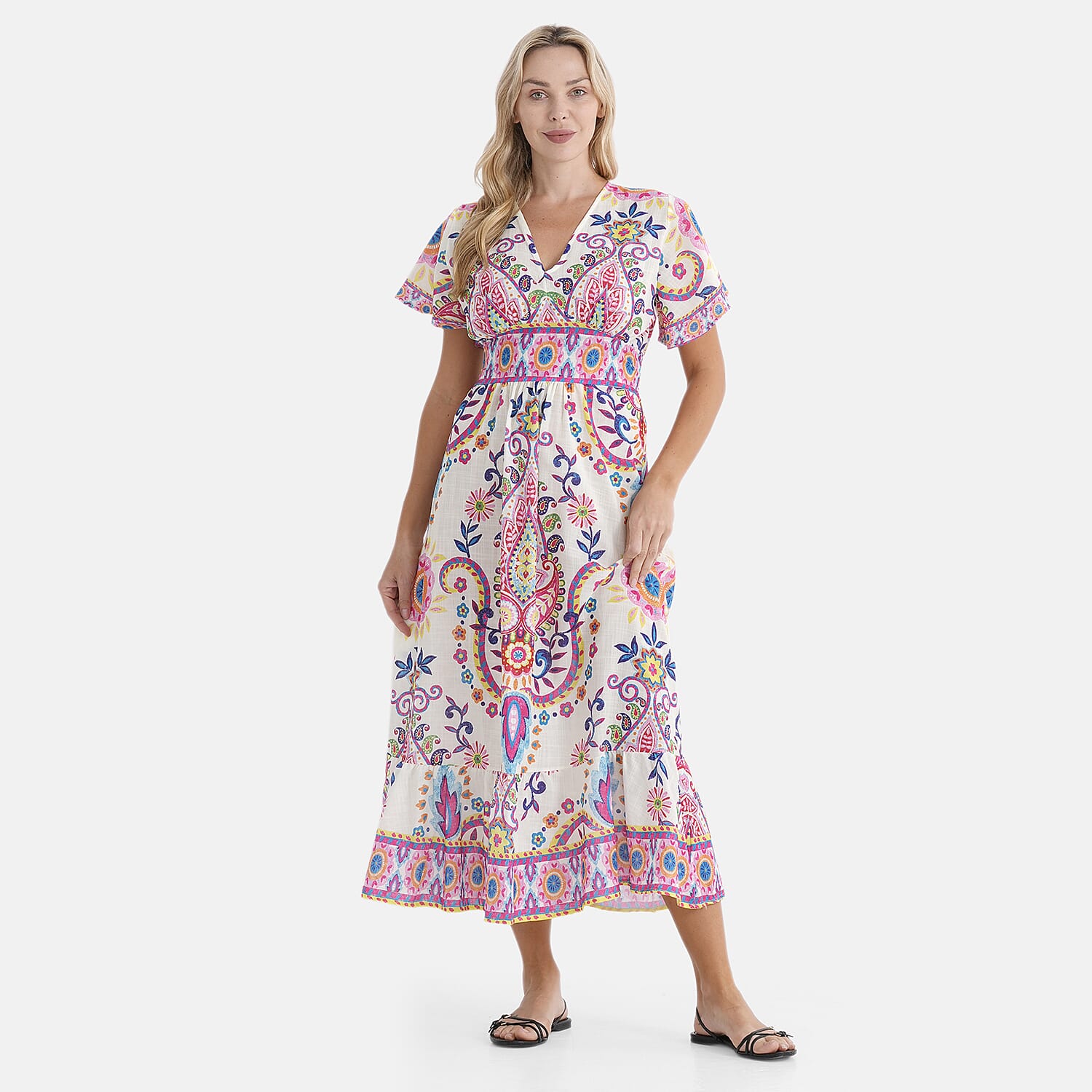La Marey Pink Floral Woven Dress with Back Smocking - One Size Missy
