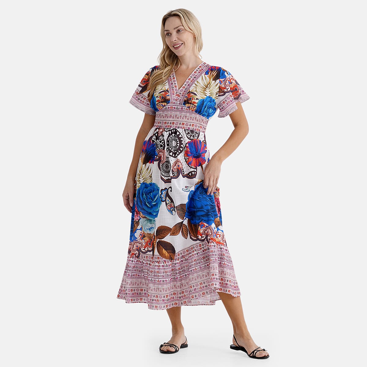 La Marey Blue Rose Woven Dress with Back Smocking - One Size Missy image number 4