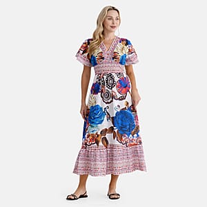 La Marey Blue Rose Woven Dress with Back Smocking - One Size Plus