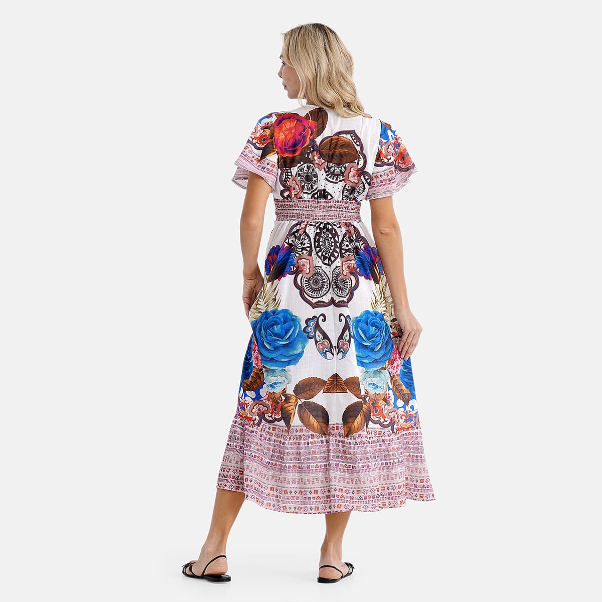 La Marey Blue Rose Woven Dress with Back Smocking - One Size Plus image number 2