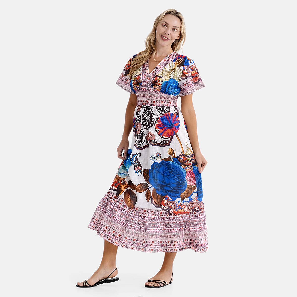 La Marey Blue Rose Woven Dress with Back Smocking - One Size Plus image number 3