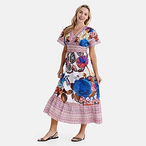 La Marey Blue Rose Woven Dress with Back Smocking - One Size Plus