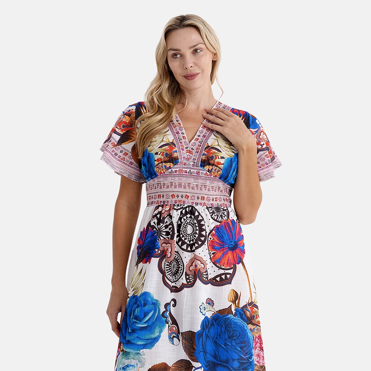 La Marey Blue Rose Woven Dress with Back Smocking - One Size Plus image number 5