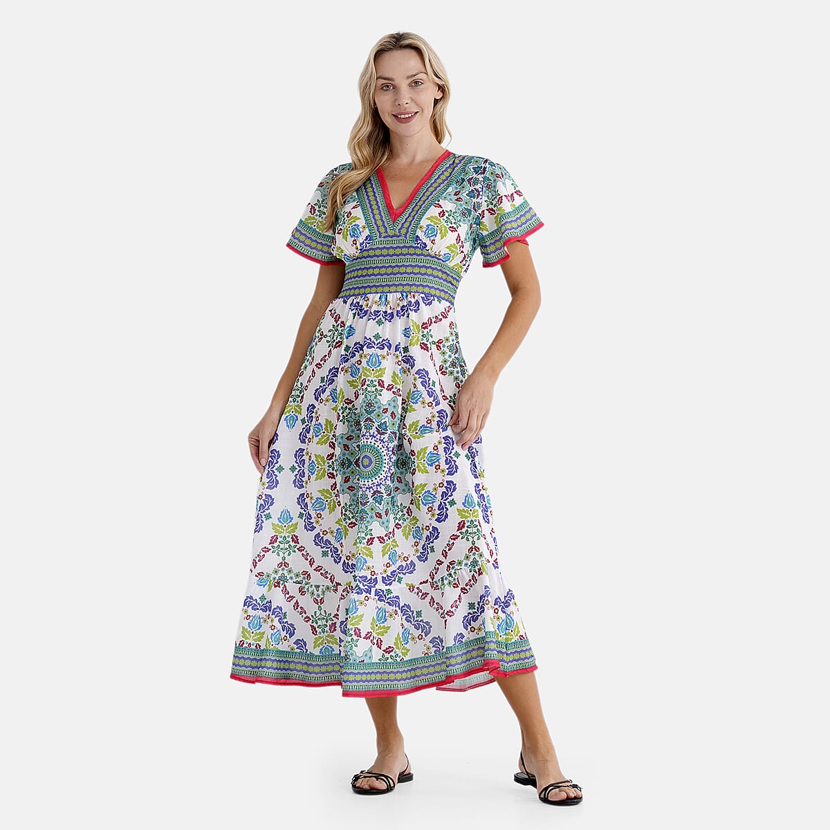 La Marey Green Abstract Woven Dress with Back Smocking - One Size Missy image number 4