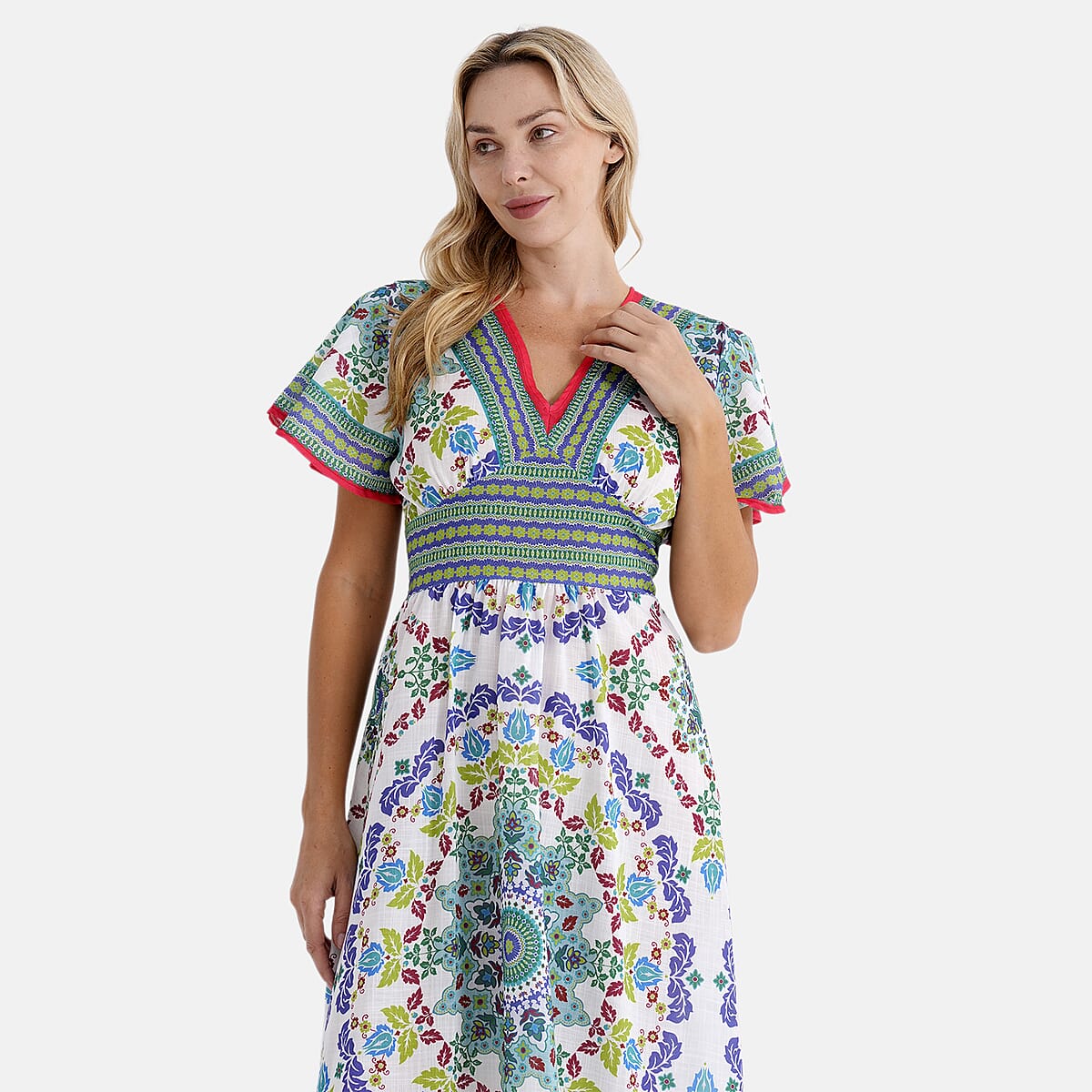 La Marey Green Abstract Woven Dress with Back Smocking - One Size Missy image number 5