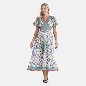 La Marey Green Abstract Woven Dress with Back Smocking - One Size Plus
