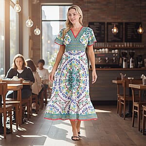 La Marey Green Abstract Woven Dress with Back Smocking - One Size Plus