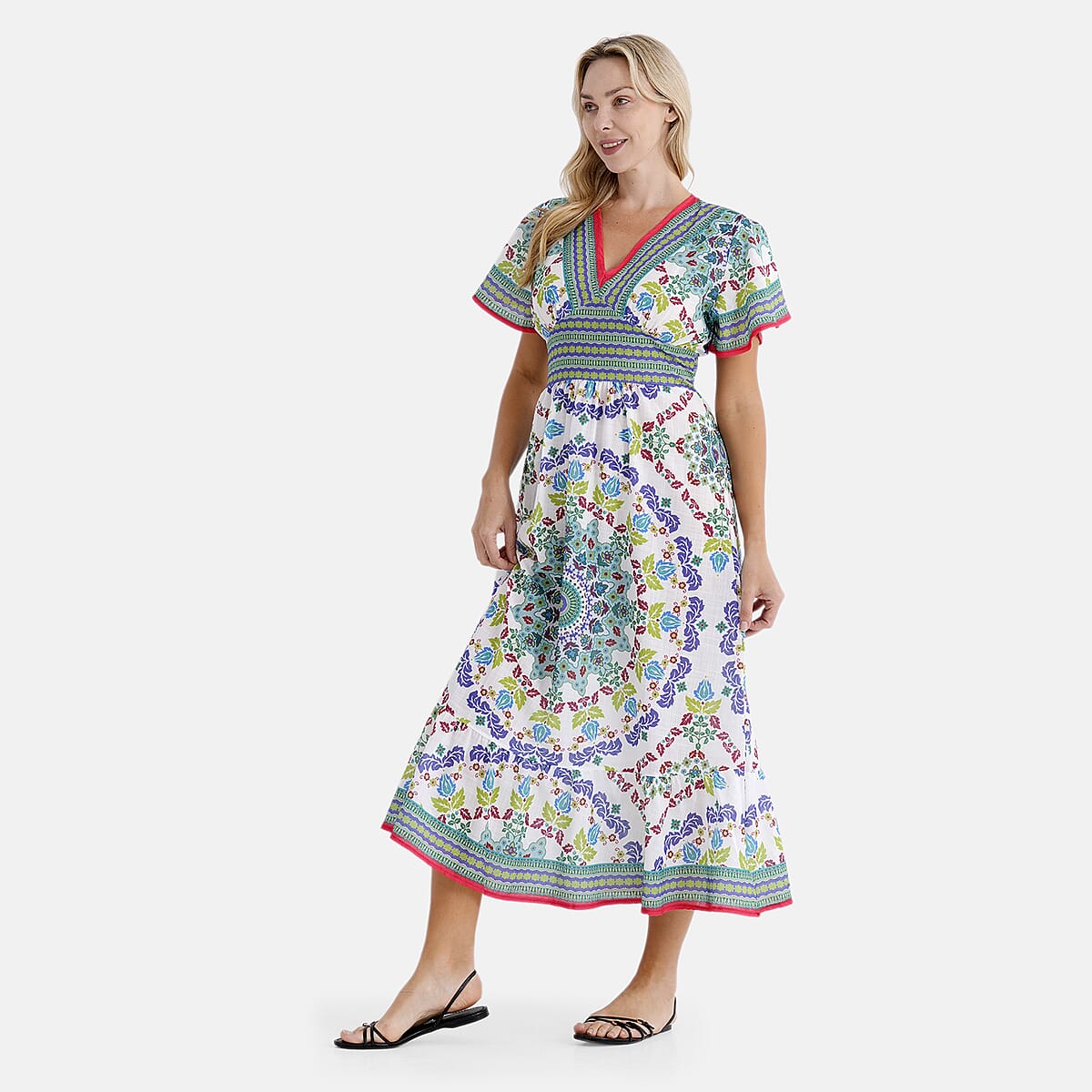 La Marey Green Abstract Woven Dress with Back Smocking - One Size Plus image number 3