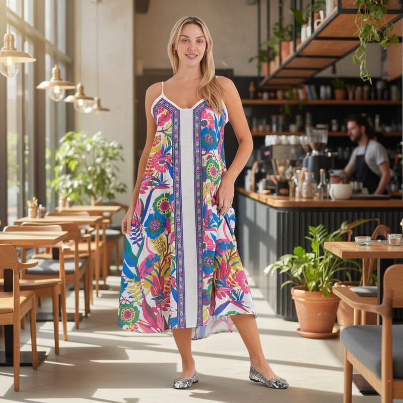 La Marey Blend White with Multi Color Print Strap A-Line Dress- One Size Fits Most