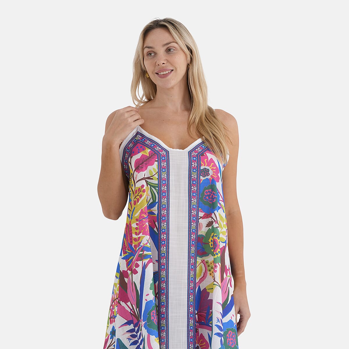 La Marey Blend White with Multi Color Print Strapless A-Line Dress- One Size Fits Most image number 5