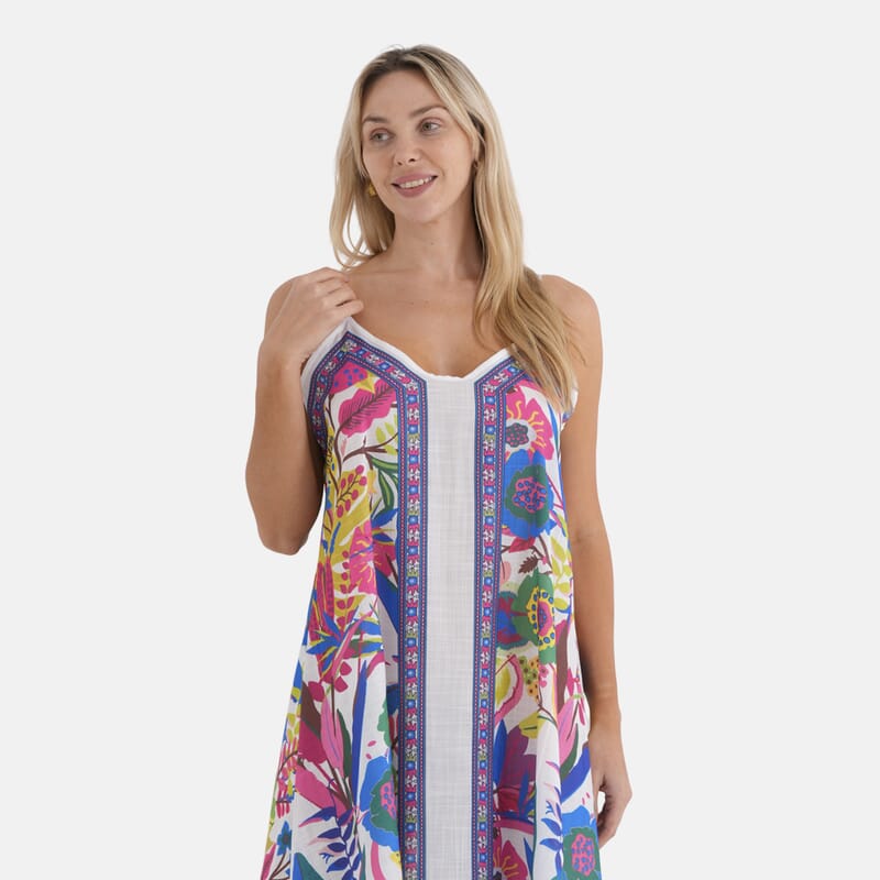 La Marey Blend White with Multi Color Print Strap A-Line Dress- One Size Fits Most