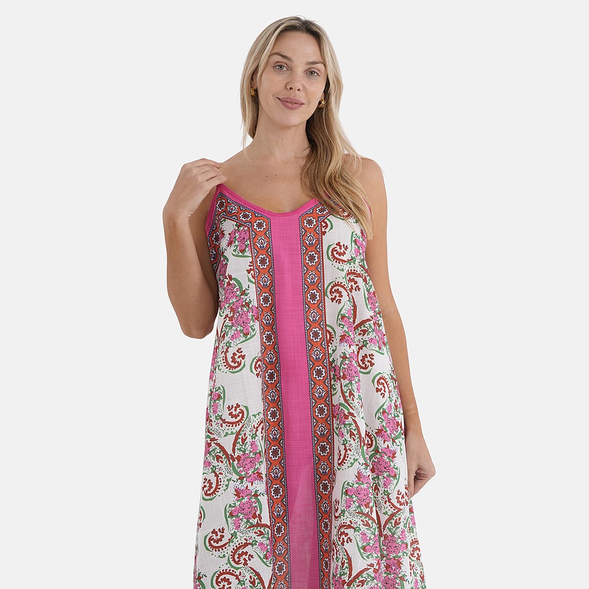 La Marey Blend White with Pink Print Strapless A-Line Dress- One Size Fits Most image number 5