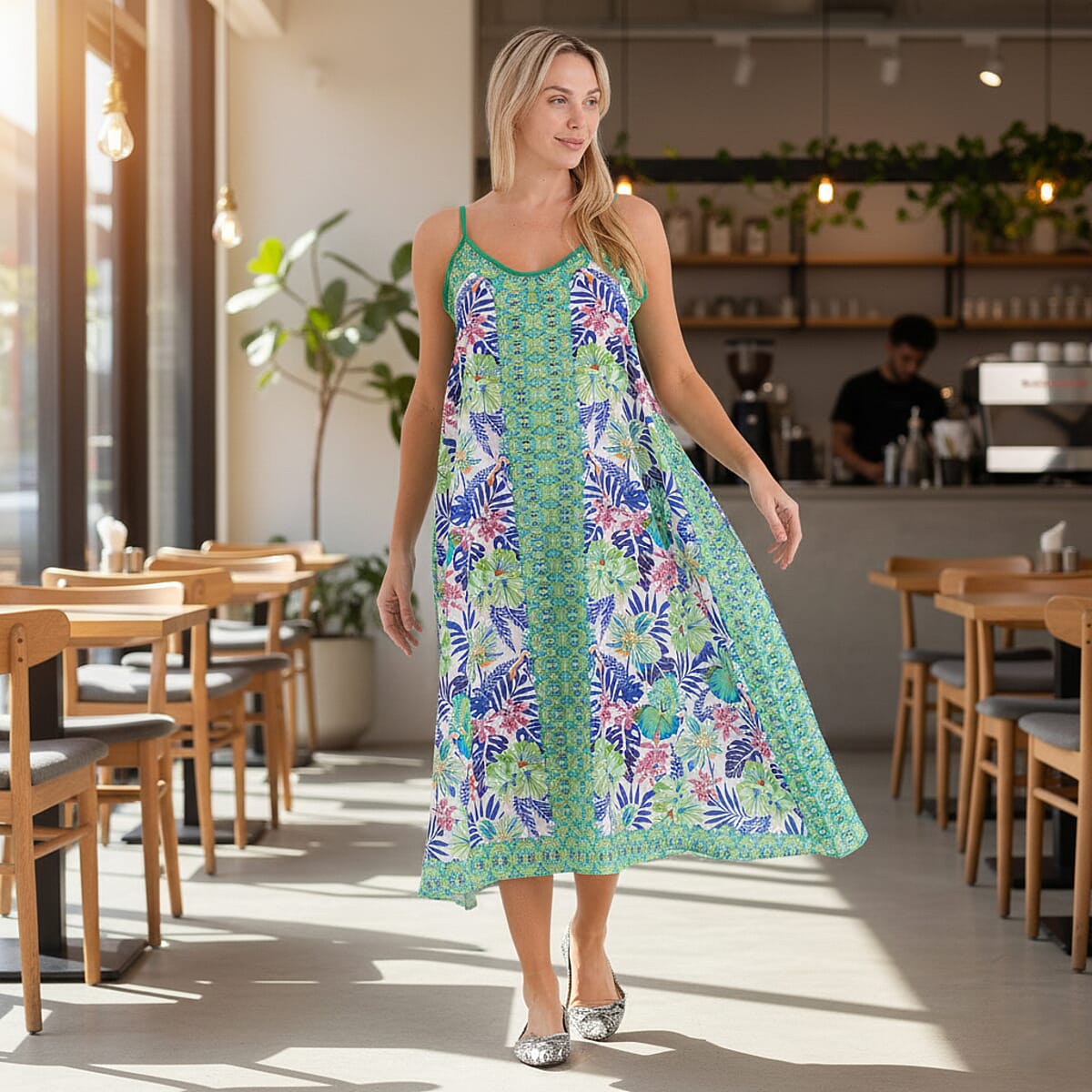 La Marey Blend White with Green Print Strap A-Line Dress- One Size Fits Most image number 1