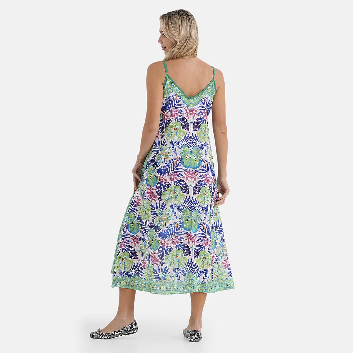 La Marey Blend White with Green Print Strap A-Line Dress- One Size Fits Most image number 2