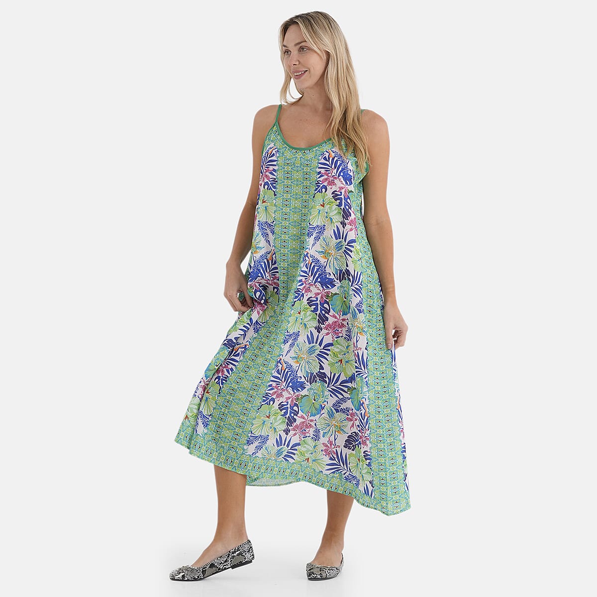 La Marey Blend White with Green Print Strap A-Line Dress- One Size Fits Most image number 3