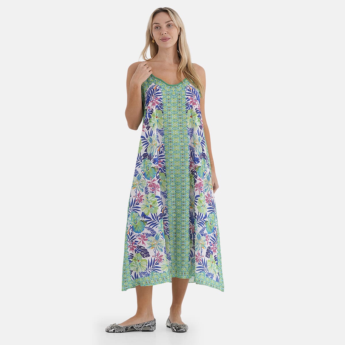 La Marey Blend White with Green Print Strap A-Line Dress- One Size Fits Most image number 4