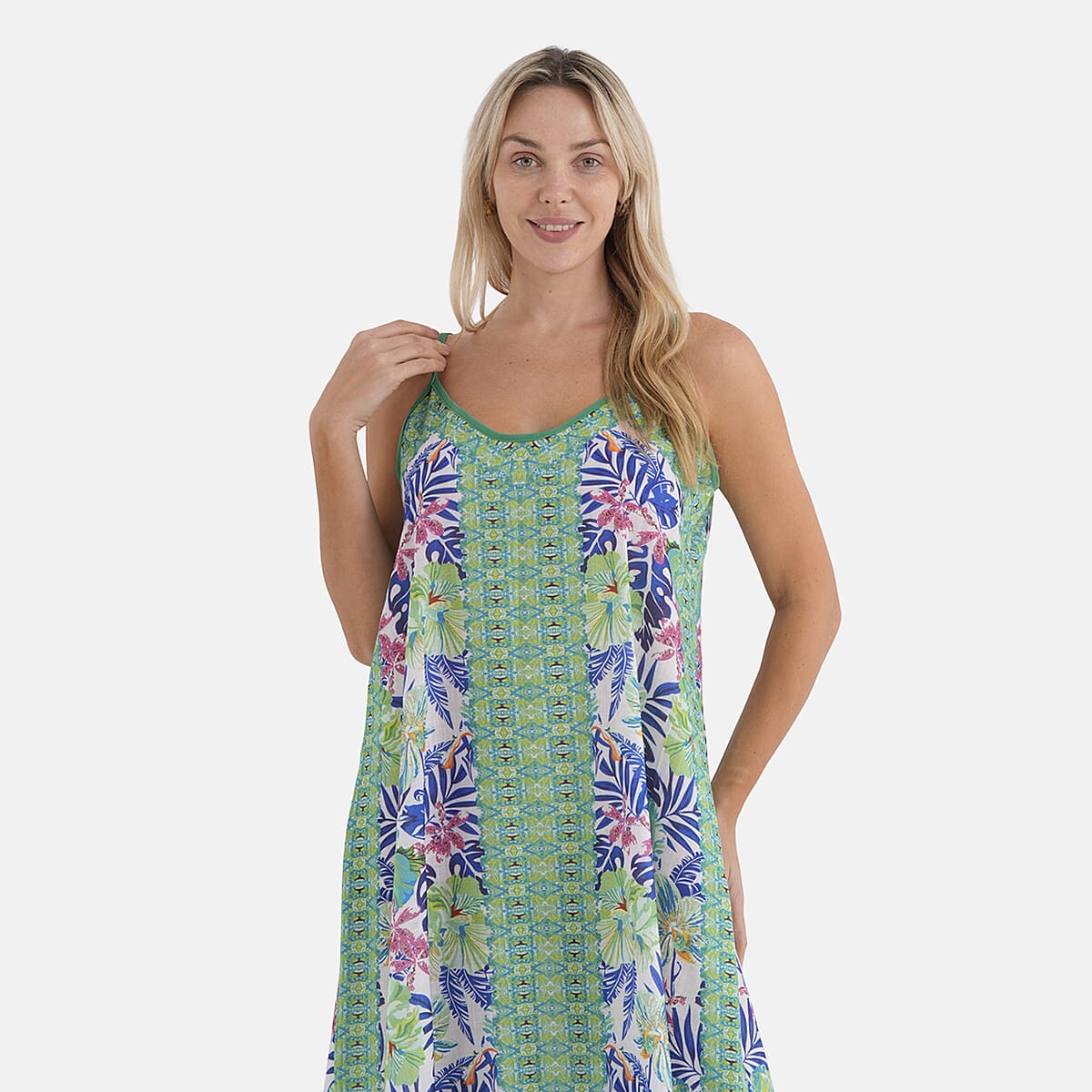La Marey Blend White with Green Print Strap A-Line Dress- One Size Fits Most image number 5