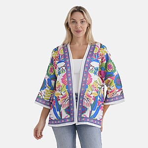 La Marey White with Multi Color Print Blend Kimono- One Size Fits Most