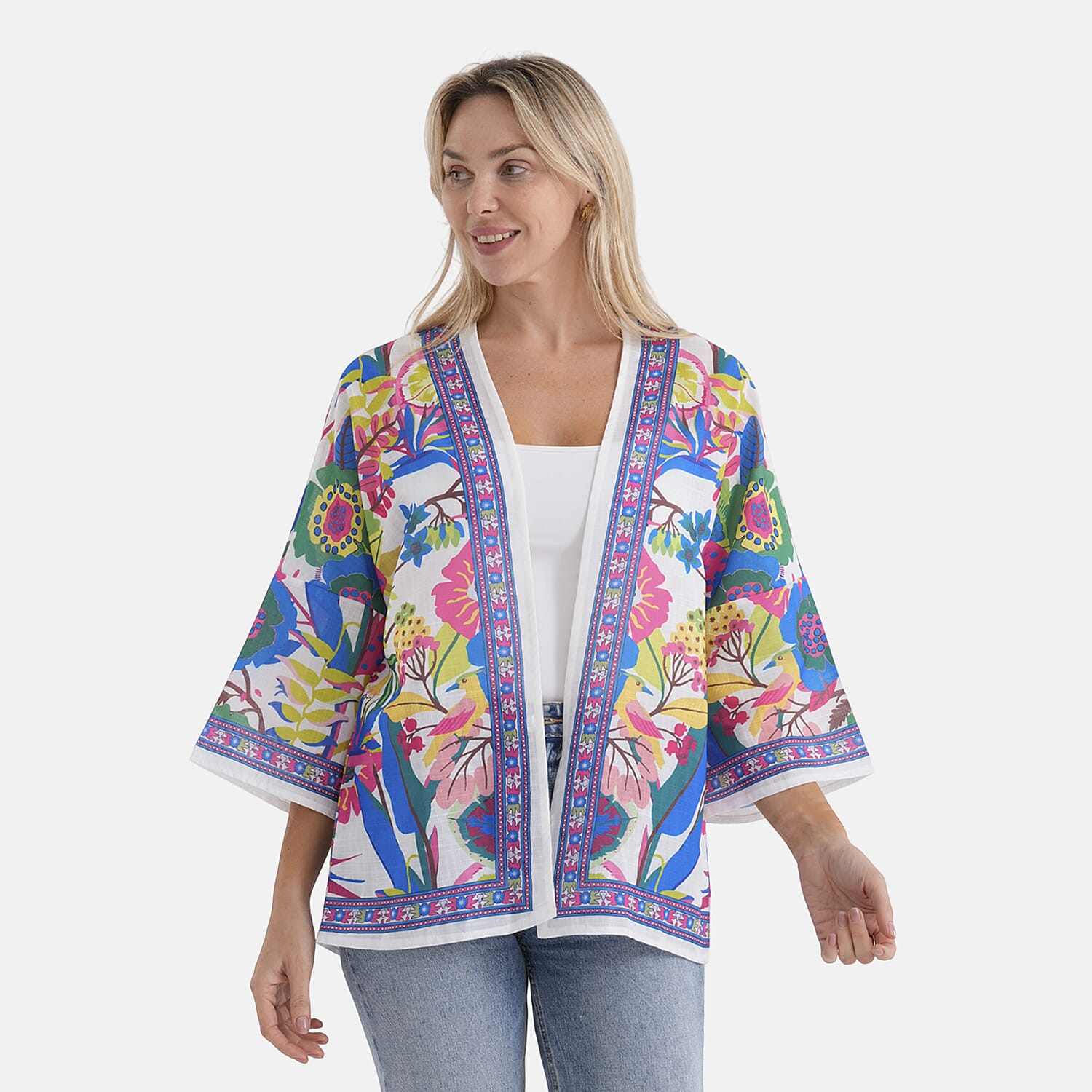 La Marey White with Multi Color Print Blend Kimono- One Size Fits Most