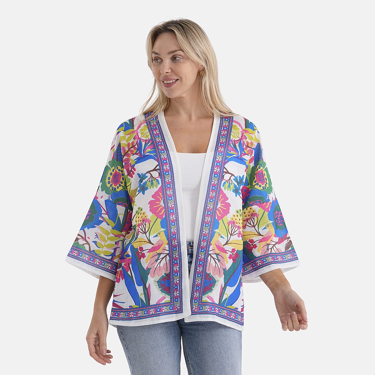 La Marey White with Multi Color Print Blend Kimono- One Size Fits Most image number 4
