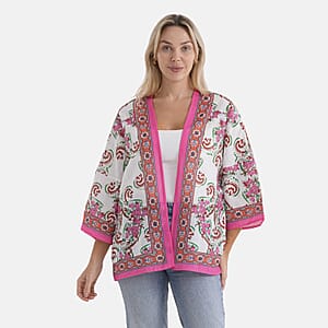 La Marey White with Pink Print Blend Kimono- One Size Fits Most