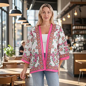 La Marey White with Pink Print Blend Kimono- One Size Fits Most