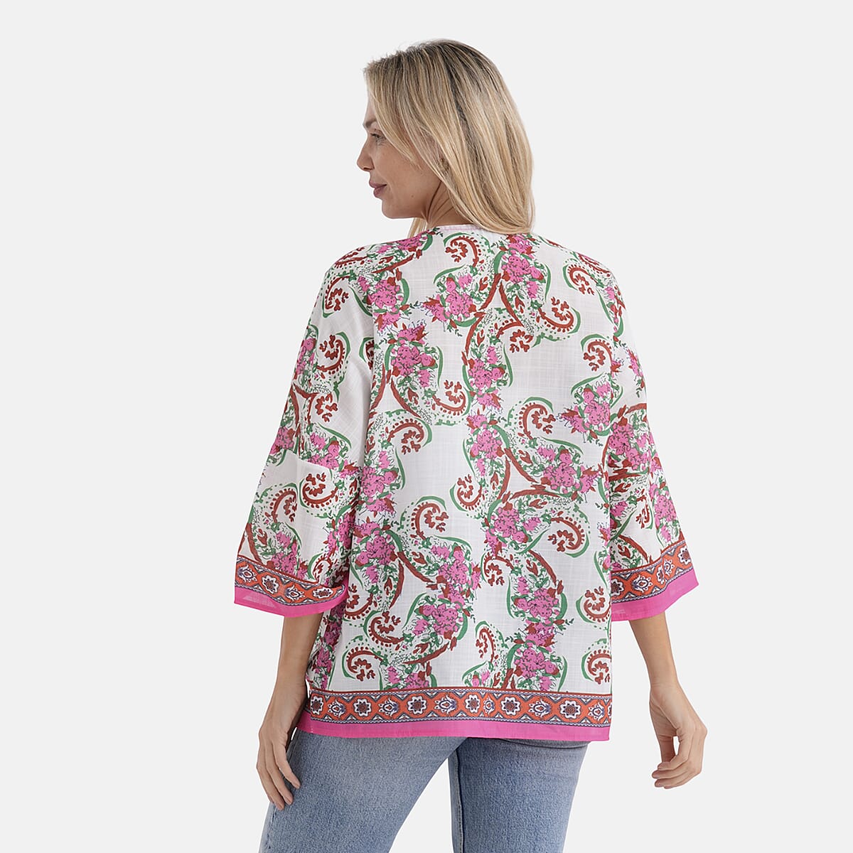 La Marey White with Pink Print Blend Kimono- One Size Fits Most image number 2