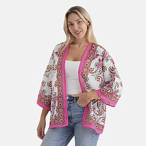La Marey White with Pink Print Blend Kimono- One Size Fits Most