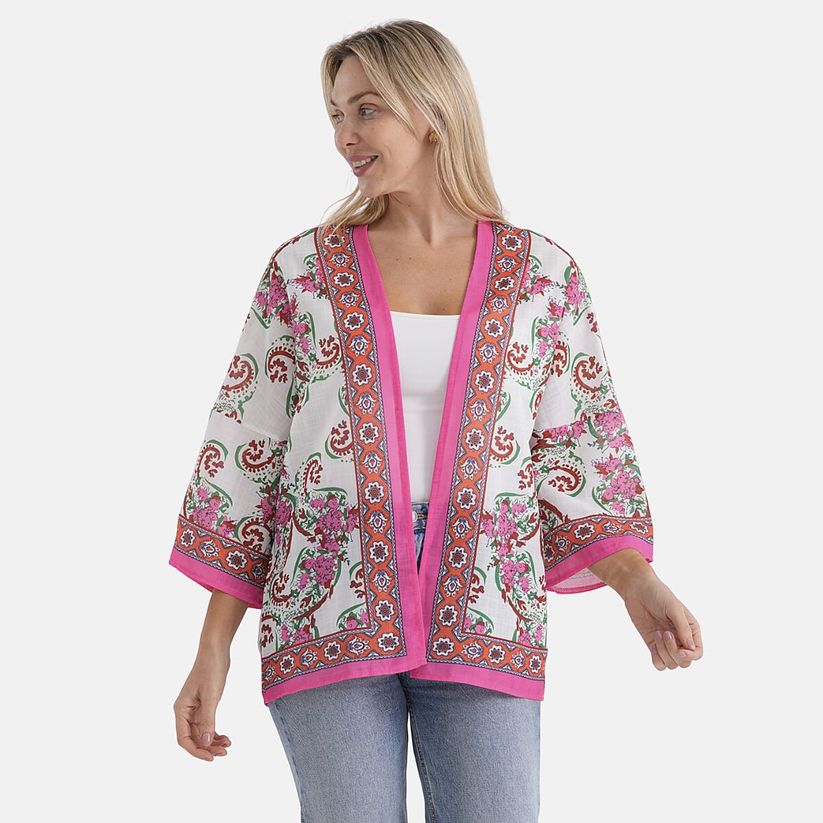 La Marey White with Pink Print Blend Kimono- One Size Fits Most image number 4