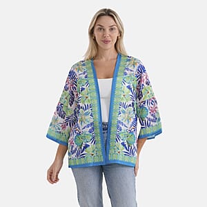 La Marey White with Green Print Blend Kimono- One Size Fits Most