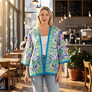 La Marey White with Green Print Blend Kimono- One Size Fits Most