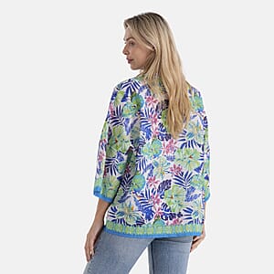 La Marey White with Green Print Blend Kimono- One Size Fits Most