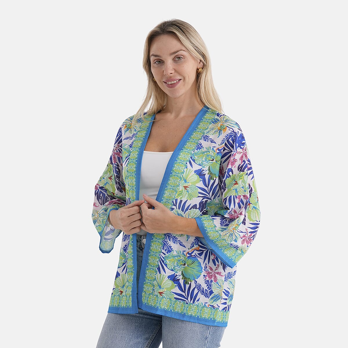 La Marey White with Green Print Blend Kimono- One Size Fits Most image number 3
