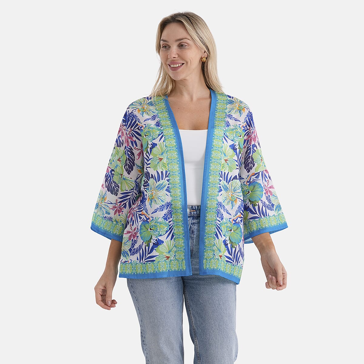 La Marey White with Green Print Blend Kimono- One Size Fits Most image number 4